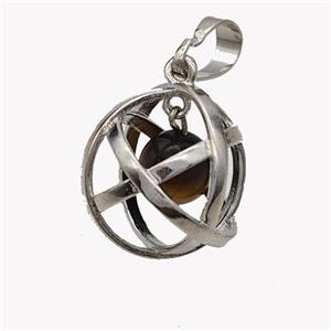 Alloy Sphere Pendant With Tiger Eye Platinum Plated, approx 18mm