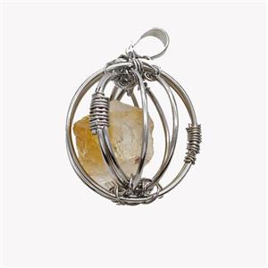 Copper Sphere Pendant With Citrine Nugget Wire Wrapped Platinum Plated, approx 30mm