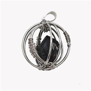 Copper Sphere Pendant With Black Obsidian Nugget Wire Wrapped Platinum Plated, approx 30mm