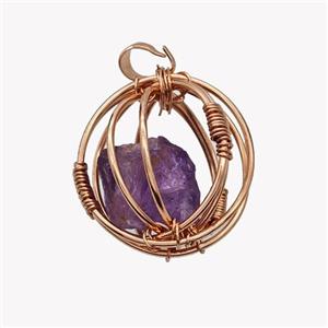 Copper Sphere Pendant With Purple Amethyst Nugget Wire Wrapped Rose Gold, approx 30mm