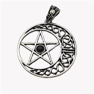 Alloy Moon Star Pendant Pave Black Obsidian Antique Silver, approx 33mm