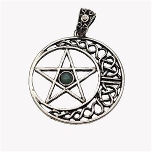 Alloy Moon Star Pendant Pave Green Aventurine Antique Silver, approx 33mm