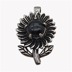 Alloy Sunflower Pendant Pave Black Obsidian Antique Silver, approx 10mm, 20-35mm