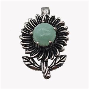 Alloy Sunflower Pendant Pave Green Aventurine Antique Silver, approx 10mm, 20-35mm