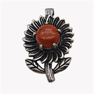 Alloy Sunflower Pendant Pave Red Jasper Antique Silver, approx 10mm, 20-35mm