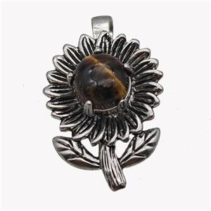 Alloy Sunflower Pendant Pave Tiger Eye Stone Antique Silver, approx 10mm, 20-35mm