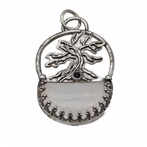 Alloy Tree Pendant Pave Rose Quartz Moon Antique Silver, approx 26-35mm