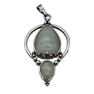 Alloy Teardrop Pendant Pave Green Aventurine Antique Silver, approx 30-45mm