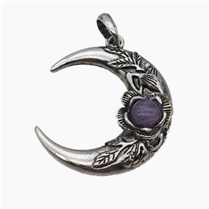 Alloy Moon Pendant Pave Purple Amethyst Antique Silver, approx 35-40mm