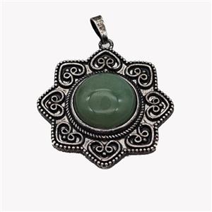 Alloy Flower Pendant Pave Green Aventurine Antique Silver, approx 18mm, 40mm