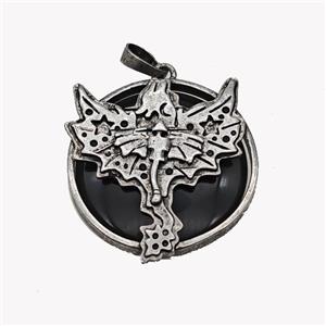 Alloy Pterosaur Pendant Pave Black Obsidian Antique Silver, approx 30mm