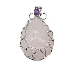 Natural Pink Rose Quartz Teardrop Pendant Copper Wire Wrapped Platinum Plated, approx 25-35mm