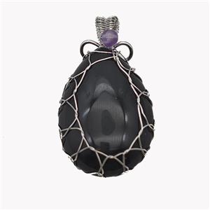 Natural Black Obsidian Teardrop Pendant Copper Wire Wrapped Platinum Plated, approx 25-35mm