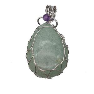 Natural Green Aventurine Teardrop Pendant Copper Wire Wrapped Platinum Plated, approx 25-35mm