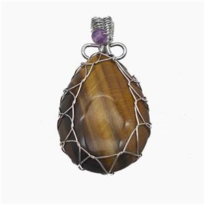 Natural Tiger Eye Stone Teardrop Pendant Copper Wire Wrapped Platinum Plated, approx 25-35mm