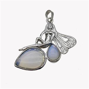 Alloy Fairy Pendant Pave Opalite Platinum Plated, approx 35-40mm