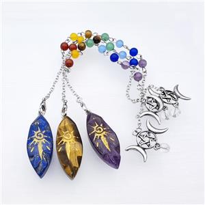 Mix Gemstone Sun Leaf Pendant With Chakra Chain David Star, approx 16-40mm, 14-27mm, 18cm length