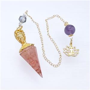 Rose Quartz Chips Resin Pendulum Pendant With Chain Lotus Gold Plated, approx 18-55mm, 14-18mm, 12mm, 20cm length