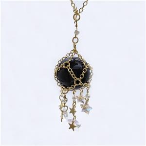 Black Obsidian Sphere Necklace Copper Chain Wrapped Gold Plated, approx 25mm, 8mm, 12mm, 19cm length