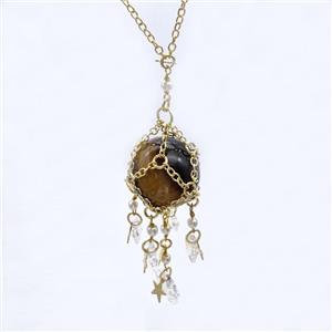 Tiger Eye Stone Sphere Necklace Copper Chain Wrapped Gold Plated, approx 25mm, 8mm, 12mm, 19cm length