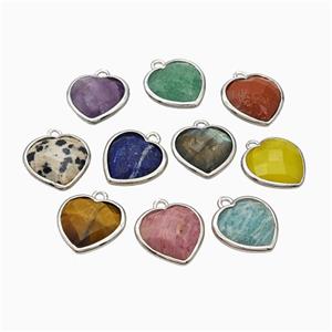 Natural Gemstone Heart Pendant Faceted Platinum Plated Mixed, approx 12mm