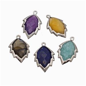 Natural Gemstone Leaf Pendant Platinum Plated Mixed, approx 14-20mm