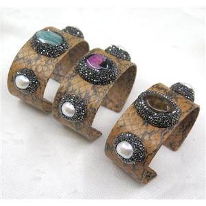 mix gemstone cuff bangle pave rhinestone, brown snakeskin, alloy, approx 30mm, 62mm dia