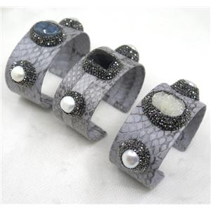 mix gemstone cuff bangle pave rhinestone, gray snakeskin, alloy, approx 30mm, 62mm dia