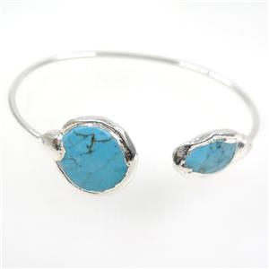 blue Turquoise cuff bangle, platinum plated, approx 15-20mm, 22mm, 60mm dia