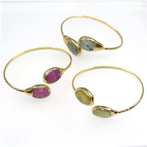 mixed gemstone cuff bangle, gold plated, approx 50-65mm dia