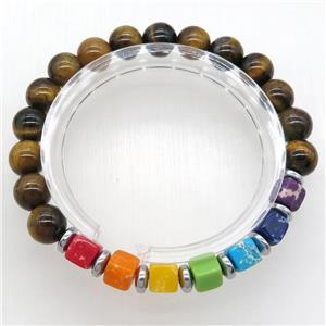 Chakra Bracelets with tiger eye stone, stretchy, approx 8mm dia