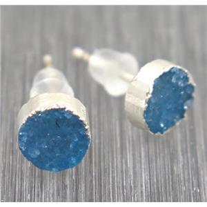 blue Druzy agate earring studs, circle, 925 silver plated, approx 6mm dia