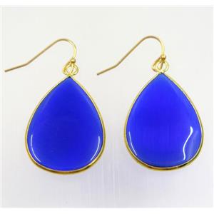 blue glass Earring, teardrop, gold plated, approx 22-30mm