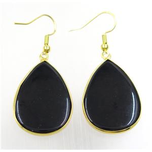 black glass Earring, teardrop, gold plated, approx 22-30mm