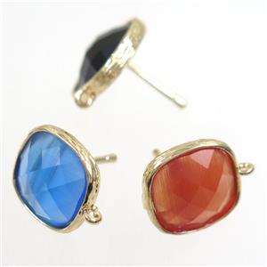 Chinese Crystal Glass earring studs with loops, mix color, gold plated, approx 14x14mm