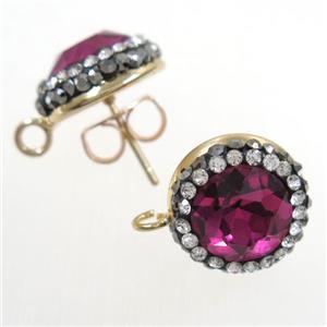 deep ruby Chinese Crystal Glass earring studs paved rhinestone, gold plated, approx 14mm dia