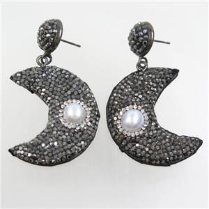 pearl earring paved rhinestone, moon, approx 15-35mm