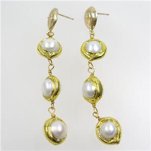 Pearl earring, 24k gold plated, approx 10mm, 70mm length