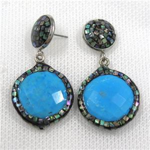 blue turquoise earrings pave abalone shell, circle, approx 13mm, 22mm dia