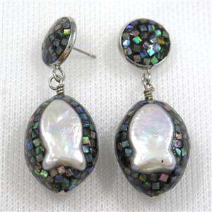 white Pearl Earrings paved abalone shell, fish, approx 13mm, 18-25mm