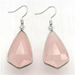 Rose Quartz teardrop Hook Earring, platinum plated, approx 18-32mm