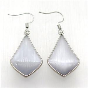 gray cat eye glass teardrop Hook Earring, platinum plated, approx 20-32mm