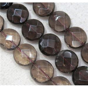 smoky quartz bead, faceted flat round, approx 14mm dia