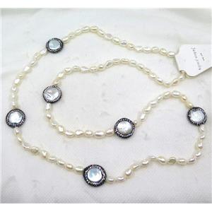 white freshwater pearl necklace pave rhinestone, approx 50cm length