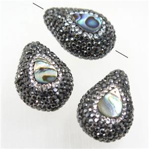 paua abalone shell bead paved rhinestone, teardrop, approx 20-28mm