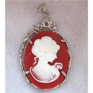 Victorian Lady Portrait Cameo resin pendant, platinum plated, approx 37x56mm