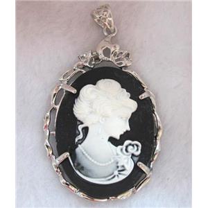 Victorian Lady Portrait Cameo resin pendant, platinum plated, approx 37x56mm