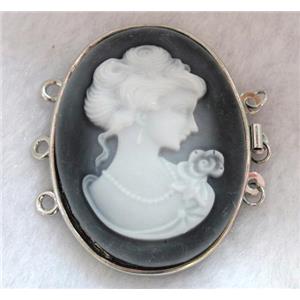 Victorian Lady Portrait Cameo, resin connector for necklace, bracelet, platinum plated, approx 33x42mm