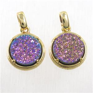 rainbow Druzy Agate pendant, flat-round, gold plated, approx 12mm dia