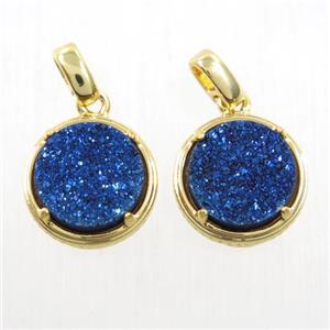 blue Druzy Agate pendant, flat-round, gold plated, approx 12mm dia